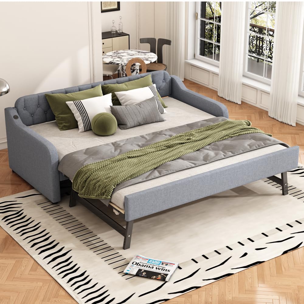 ZJBFXY88 90 * 200cm Schlafsofa, Tagesbett, mit ausziehbares Rollbett, USB-Anschluss, grau von ZJBFXY88