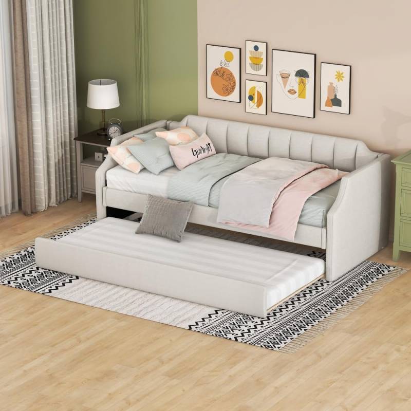 ZJBFXY88 90 x 200(190) Day-Betten, Gepolstertes Einzeltagesbett mit Rollbett, Beige von ZJBFXY88