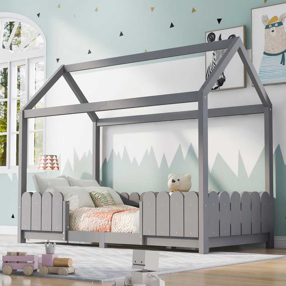 ZJBFXY88 Hausbett 90x200 cm - vielseitiges Holz Kinderbett für Jungen & Mädchen - Mit Rausfallschutz und Lattenrost – Grau (Ohne Matratze) von ZJBFXY88