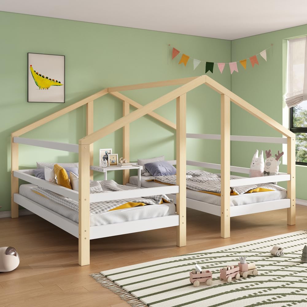 ZJBFXY88 Hausbett für 2 Kinder Zwei Einzelbetten unter einem Dach im Hausbettdesign mit Nachttisch und Lattenrost Jugendbett 90 * 200 mit Rausfallschutz Weiß+Natur von ZJBFXY88