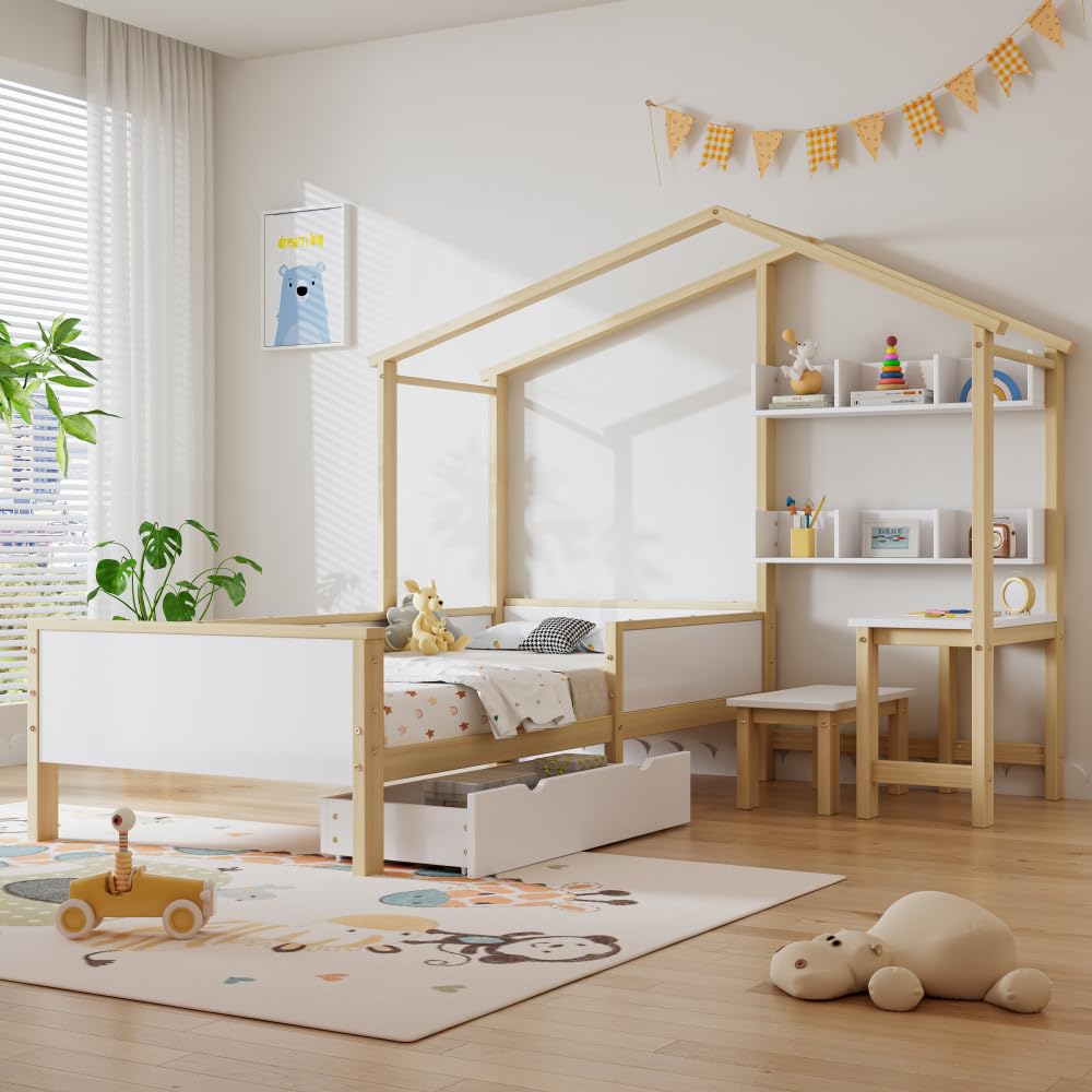 ZJBFXY88 Kinderbett Hausbett mit Schubladen und Regalen, mit Tisch und Hocker, Massivholz mit Schutzplatte und Lattenroste, L-Struktur, Weiß+Natur, Kiefer+MDF+Mehrschichtplatte, 90x200cm von ZJBFXY88