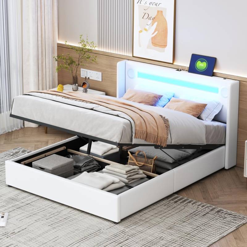 ZJBFXY88 Polsterbett 140x200 Bett mit LED-Lichtleiste, Bluetooth-Player und USB-Aufladung, Stauraumbett aus PU-Leder, Hochbettkasten, Doppelbett mit Lattenrost Weiß von ZJBFXY88