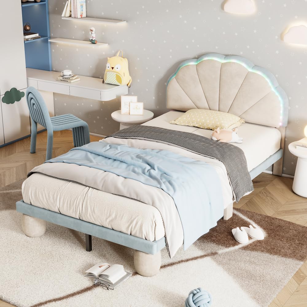 ZJBFXY88 Polsterbett mit mehrfarbigen, wechselnden Lichtstreifen, Kopfteil mit Wellenschliff, mit gepolsterter runden Beine, Kinderbett mit Holzlatten, Einzelbett, Samt, Beige+Blau, 90x200cm von ZJBFXY88