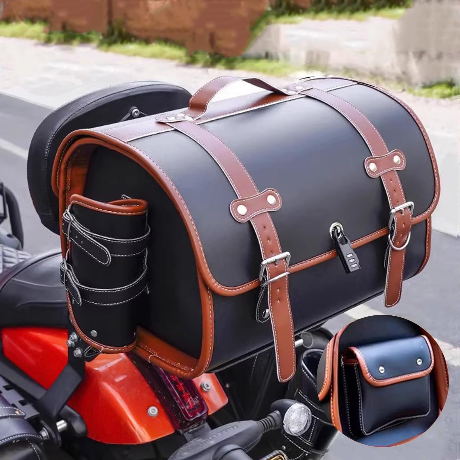 ZKSJFU Motorrad Hecktasche für Aprilia SportCity 300 2009-2012, Wasserdichtes Leder Motorradkoffer Retro-Stil Großer 33l Multifunktions-Stauraum Bietet Platz für Einen Helm,B von ZKSJFU