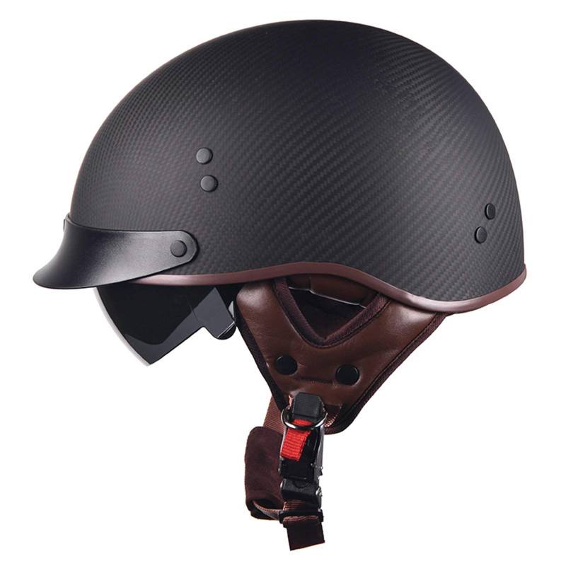 ZLYJ Retro Kohlefaser Halbschale Helm de Motorrad, Harley Mopedhelm, Motorradhelm mit Visier, Jethelm Für Damen Und Herren, für Cruiser Chopper Biker, ECE Zertifizierung D,L von ZLYJ