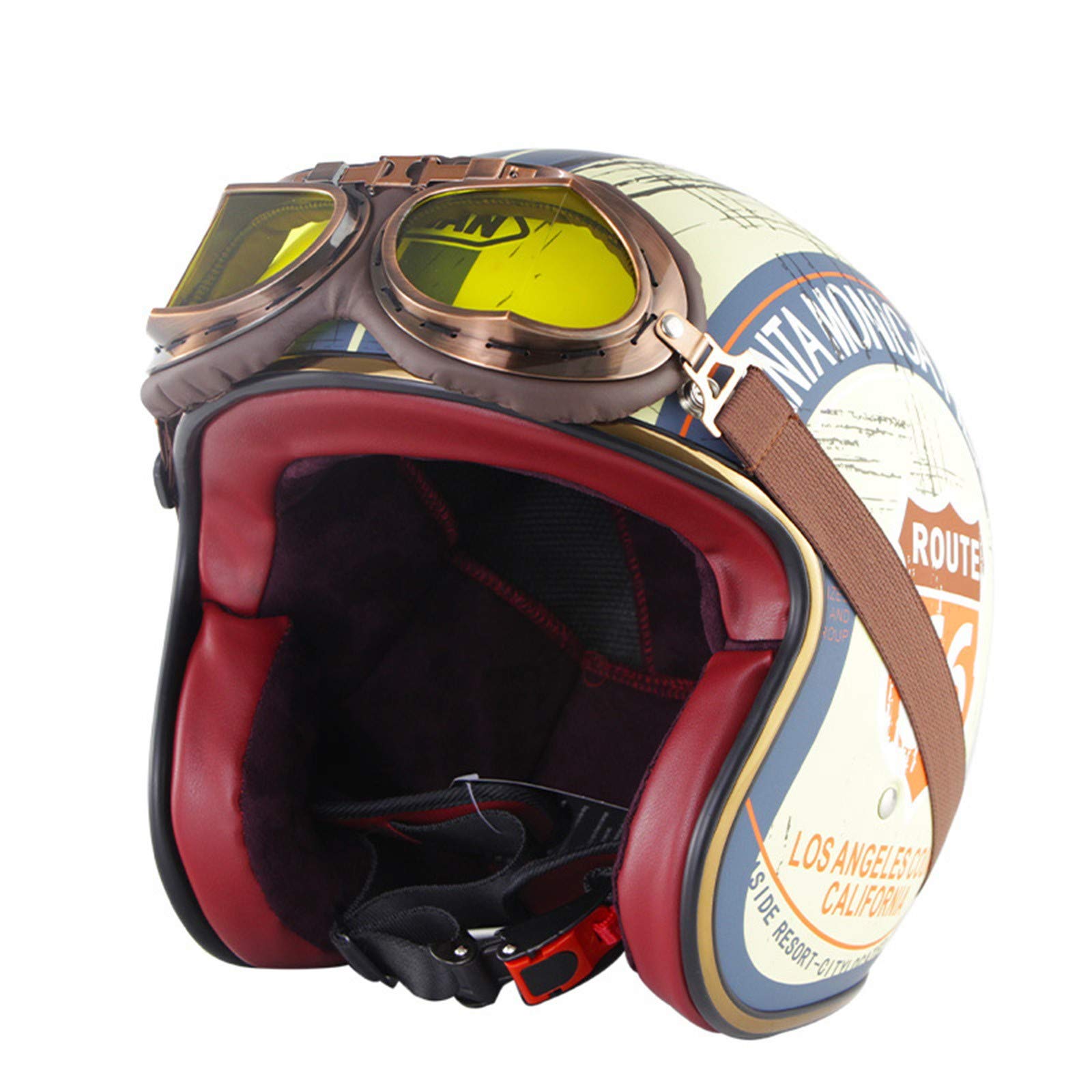 ZLYJ Vintage Open Face Motorrad Jet Helme (Route 66) Retro 3/4 Motorrad Chopper Cruiser Biker Pilot Crash Helm Helme ECE Zertifiziert Mit Brille A,XL(61-62cm) von ZLYJ