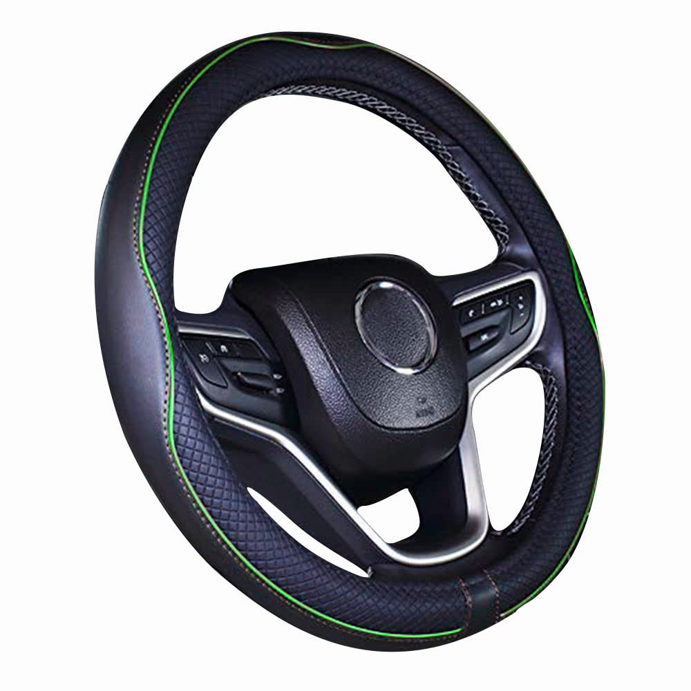 ZOAPDEBCE Autolenkradabdeckung， Mikrofaser-Leder-Auto-Lenkradbezug, universell, 15 Zoll/38 cm, atmungsaktiv, rutschfest, for Auto/SUV (schwarz)(Black Green) von ZOAPDEBCE