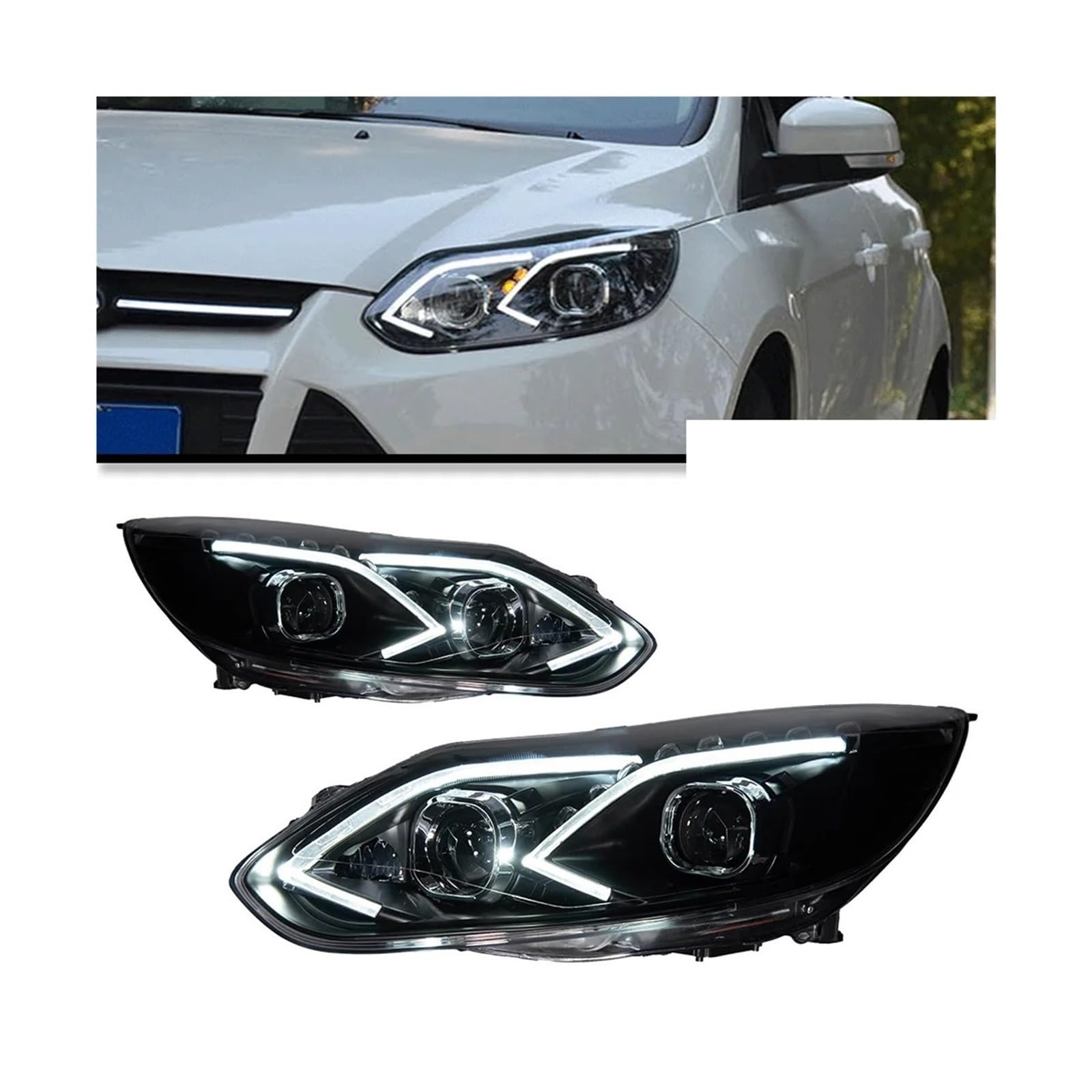 Auto Teile Kompatibel for Ford Focus 3 Scheinwerfer 2012-2014 Neueste Styling LED Tagfahrlicht Dual Projektor Auto accesorios Geändert von ZOCJNALC