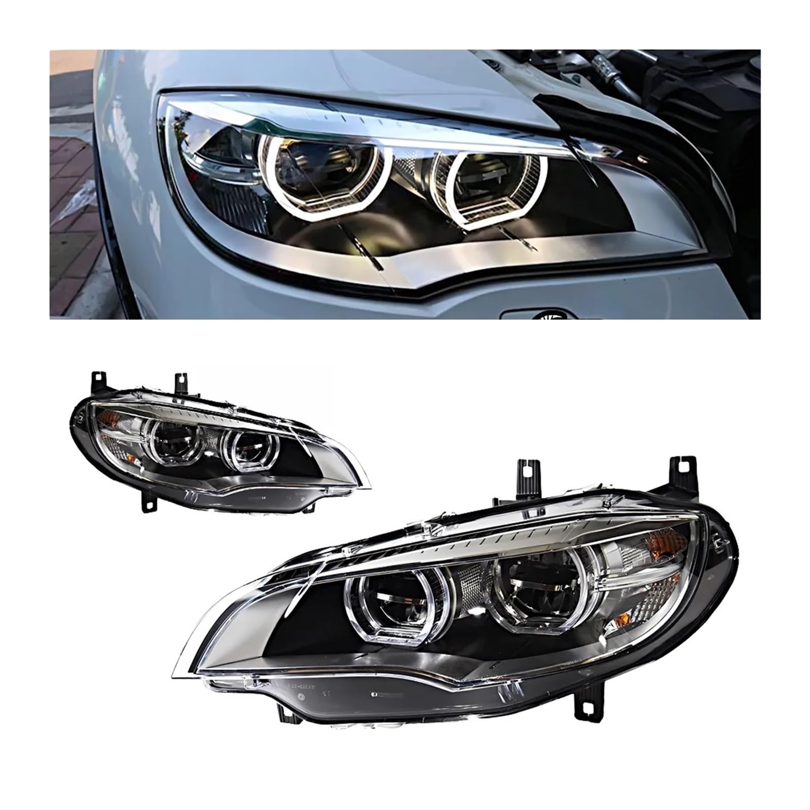 Paar Scheinwerfer-Baugruppe, kompatibel for BMW X6 E71 Scheinwerfer 2008–2014, neuestes Styling, Angel Eye LED-Scheinwerfer, DRL-Projektor, Autozubehör, modifiziert von ZOCJNALC