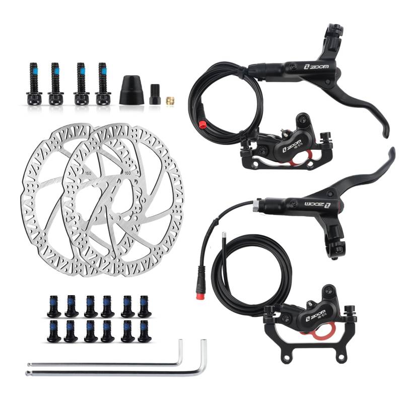 Ebike Hydraulisches Scheibenbremsen-Set: HB-876E 2-Kolben Power-Off E-Bike Bremsen Kit mit 2-PIN Sensor inklusive 160mm Rotoren und Montageadapter von ZOOM