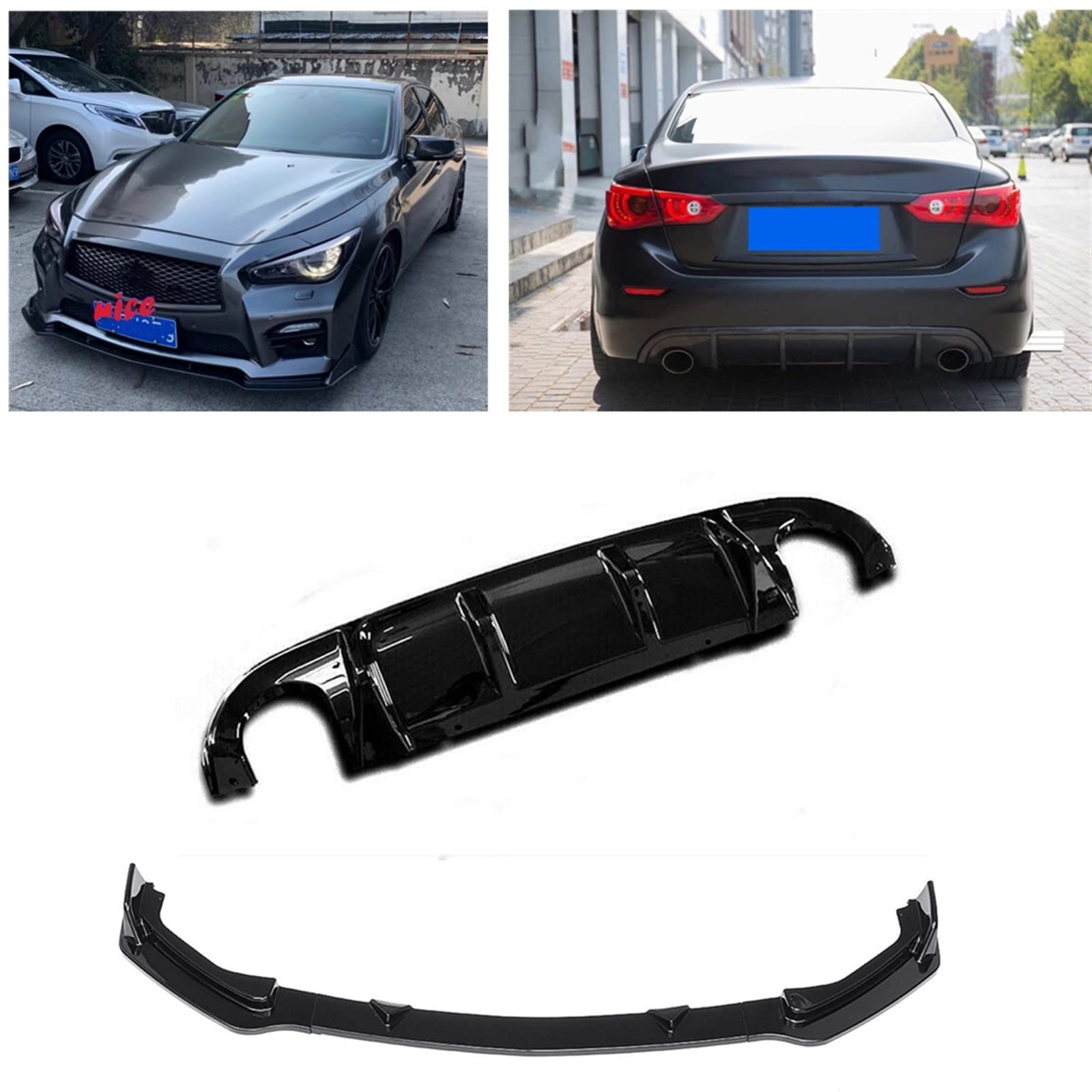 Auto Body Kit Kompatibel Mit Infiniti Q50 Sport Model 2014-2017 Glänzend Schwarz Hinten Diffusor Lippe + Frontstoßstange Spoiler Splitter Protector Blade von ZOQUINTAR