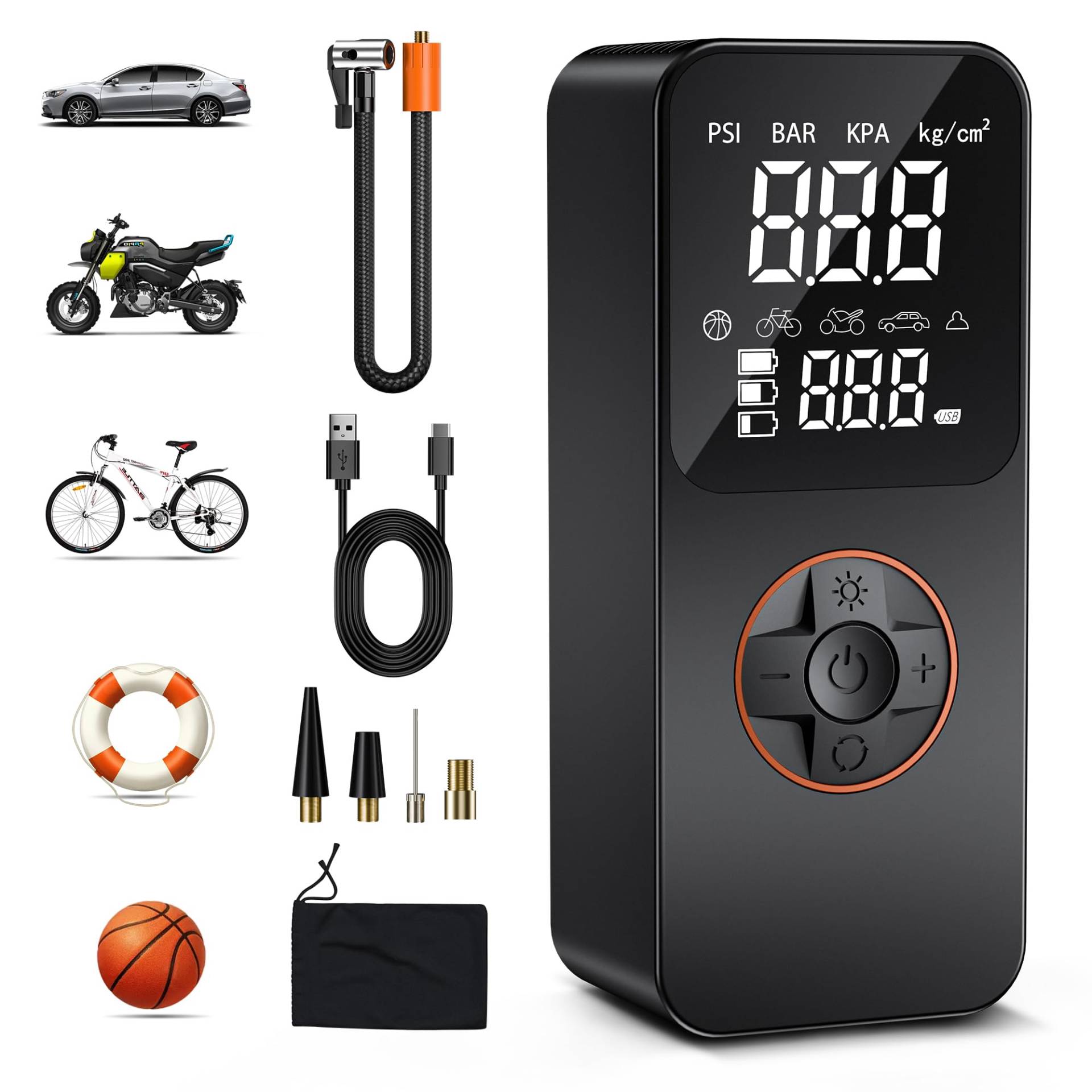 ZORUMAN Tragbarer Elektrische Luftpumpe mit 10000mAh Akku Kompressor,150 PSI Fahrradpumpe elektrisch mit Manometer/LED-Licht geeignet, Akku luftpumpe mit USB/LED-Licht für Auto Fahrrad Motorrad Bälle von ZORUMAN