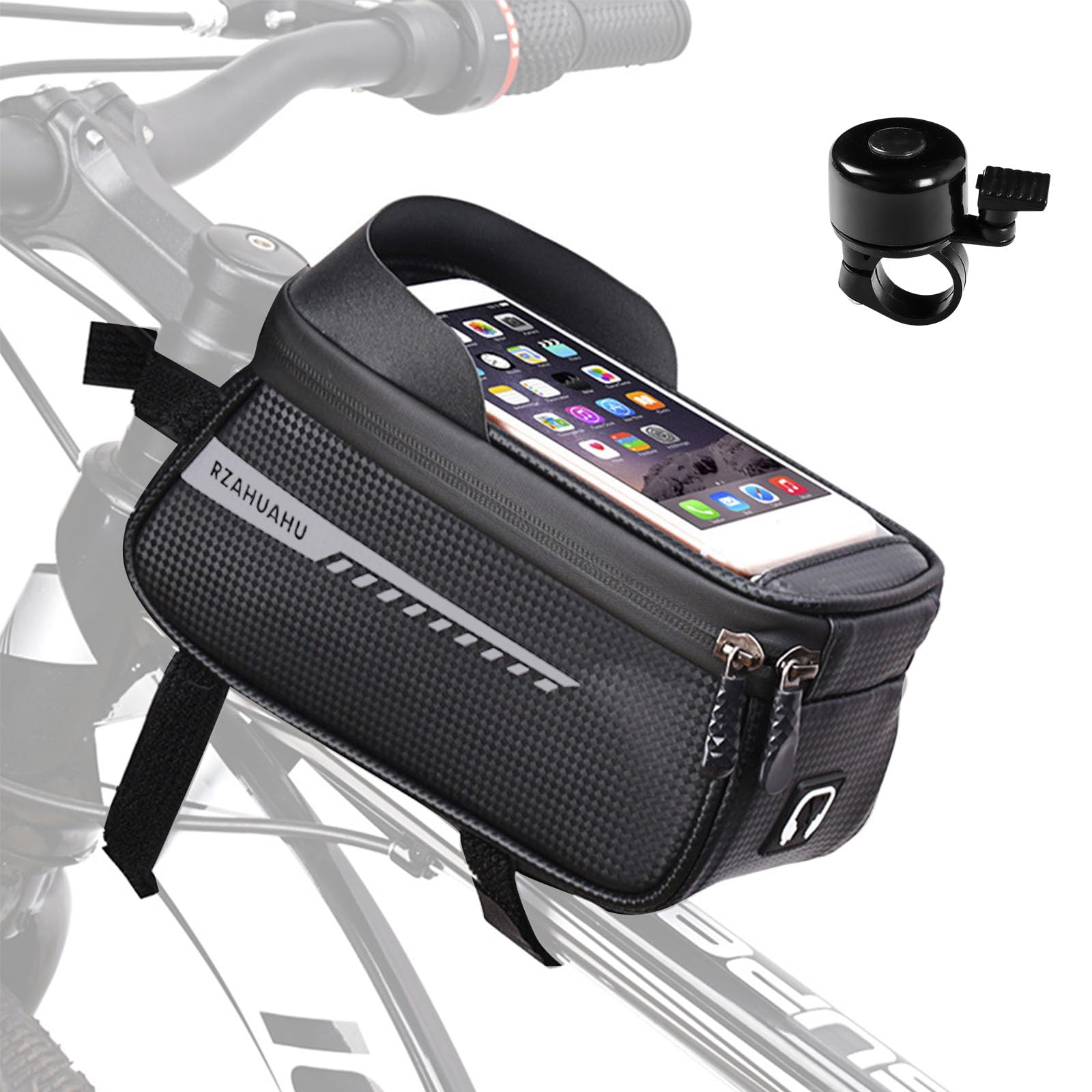 ZSMJAER Fahrrad Rahmentasche, Fahrrad Handy Tasche, Hochempfindlicher Touchscreen, Kopfhörerloch, wasserdichte Lenkertasche für Große Smartphones, Kapazität für Handy, Akku, Kabel, Geld (L) von ZSMJAER