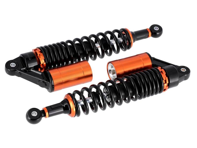 ZT-Tuning Set: Performance-Federbeine Schwarz/Orange mit ABE, mit externen Ausgleichsbehälter, 360mm - für Simson S50, S51, S73 von ZT-Tuning