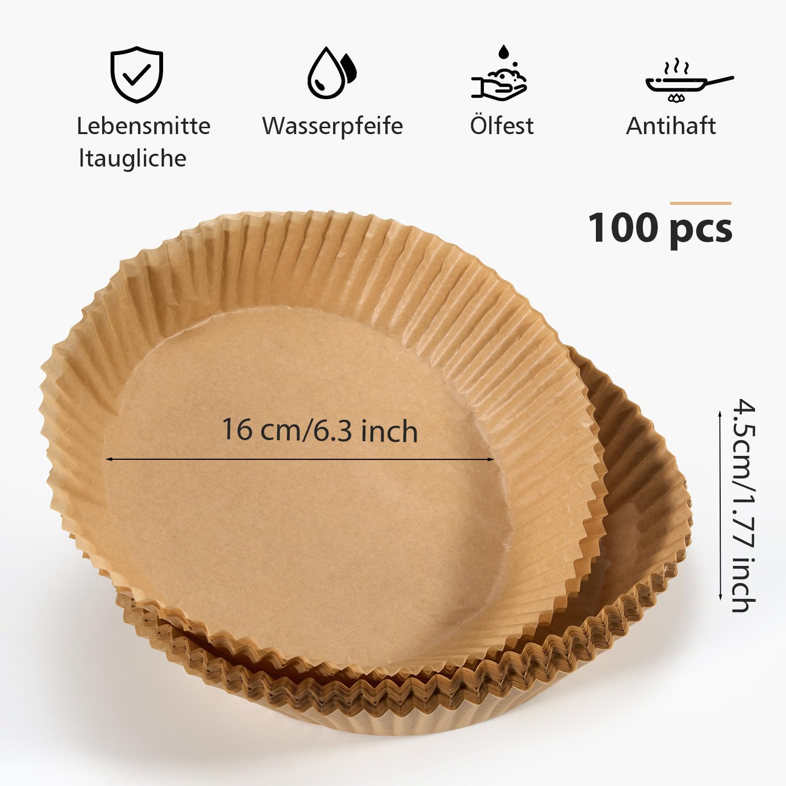 Antihaft-Pergamentauskleidung für Heißluftfritteusen, braun, 100 Backbleche, Backpapier 16 cm, Backpapier für Heißluftfritteusen, Einwegschale Heißluftfritteuse Backpapier von ZTXQ