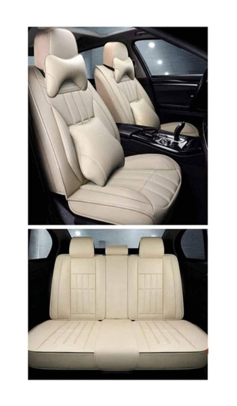 Autositzbezüge Für M&Itesubishi Outlander Auto Sitzbezug Sets Volle Sets PU-Leder Vordere Rücksitzschützer Gepolsterte Kissen Atmungsaktive Rückenlehne Pad Wasserdichte Kopfstütze Sitzbezug(Beige,Luxu von ZUKPHBWYWK