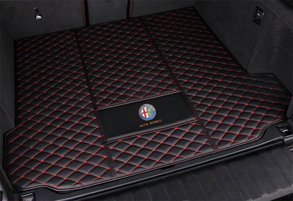 Auto Kofferraumwanne Kofferraummatte Kofferraumwanne für Alfa Romeo Stelvio 2017-2023 2024 Trunk Mat Leder VollstäNdige Einkreisung Heck Kofferraum ZubehöR,BlackRed1-WithAudio von ZUMAHA