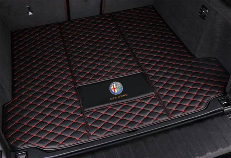 Auto Kofferraumwanne Kofferraummatte Kofferraumwanne für Alfa Romeo Stelvio 2017-2023 2024 Trunk Mat Leder VollstäNdige Einkreisung Heck Kofferraum ZubehöR,BlackRed1-WithoutAudio von ZUMAHA