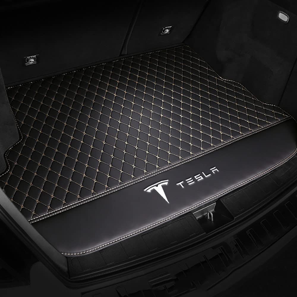 Auto Kofferraumwanne Kofferraummatte Kofferraumwanne für Tesla Model 3 Highland 2024 Trunk Mat Leder VollstäNdige Einkreisung Heck Kofferraum ZubehöR,Mainpad-Blackbeige von ZUMAHA