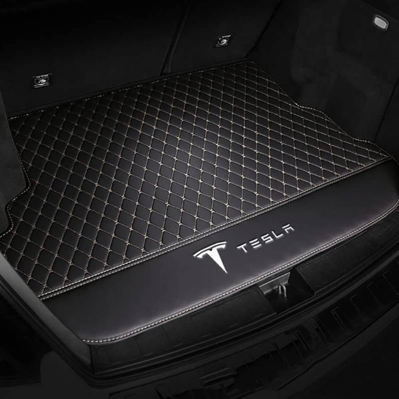 ZUMAHA Auto Kofferraumwanne Kofferraummatte Kofferraumwanne für Tesla Model S 2014-2020 2021 2022 2023 2024 Trunk Mat Leder VollstäNdige Einkreisung Heck Kofferraum ZubehöR,Mainpad-Blackbeige von ZUMAHA