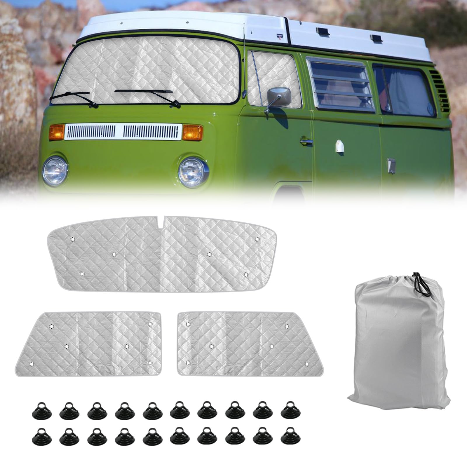 Auto Windschutzscheibe Sonnenblende Ersatz für 1967-1979 VW T2, 3 Teiliges Set Sonnenschutz Auto Frontscheibe Schutz Set mit Aufbewahrungstasche, 100% Okklusion von ZWPARTS