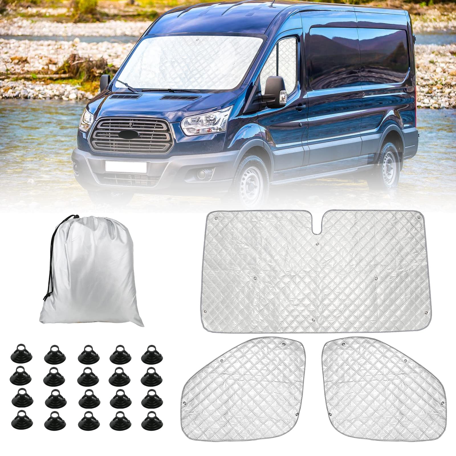 Auto Windschutzscheibe Sonnenblende Ersatz für Ford Transit Van MK7 2006-2013, 3 Teiliges Set Sonnenschutz Auto Frontscheibe Schutz Set mit Aufbewahrungstasche, 100% Okklusion von ZWPARTS