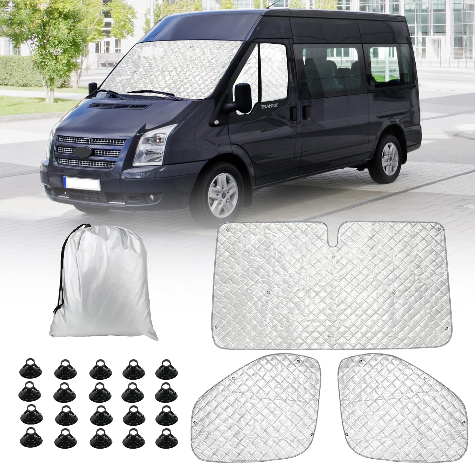 Auto Windschutzscheibe Sonnenblende Ersatz für Ford Transit Van MK8 2014-2024, 3 Teiliges Set Sonnenschutz Auto Frontscheibe Schutz Set mit Aufbewahrungstasche, 100% Okklusion von ZWPARTS