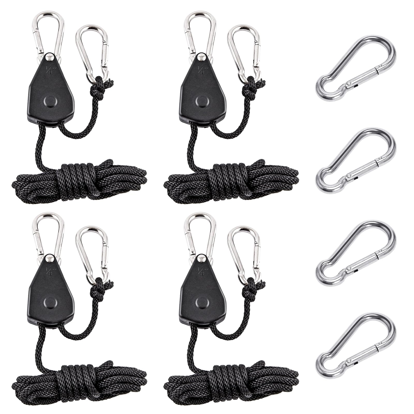 ZYKORT 4 Stück Ratchet Hanger, 1/8 Zoll verstellbare Seilratsche mit Haken, Heavy Duty Ratschenseilaufhänger für Grow Lights Taps Pflanzenventilator Licht Ratchet Rope 2M, 68kg Belastbarkeit pro Paar von ZYKORT