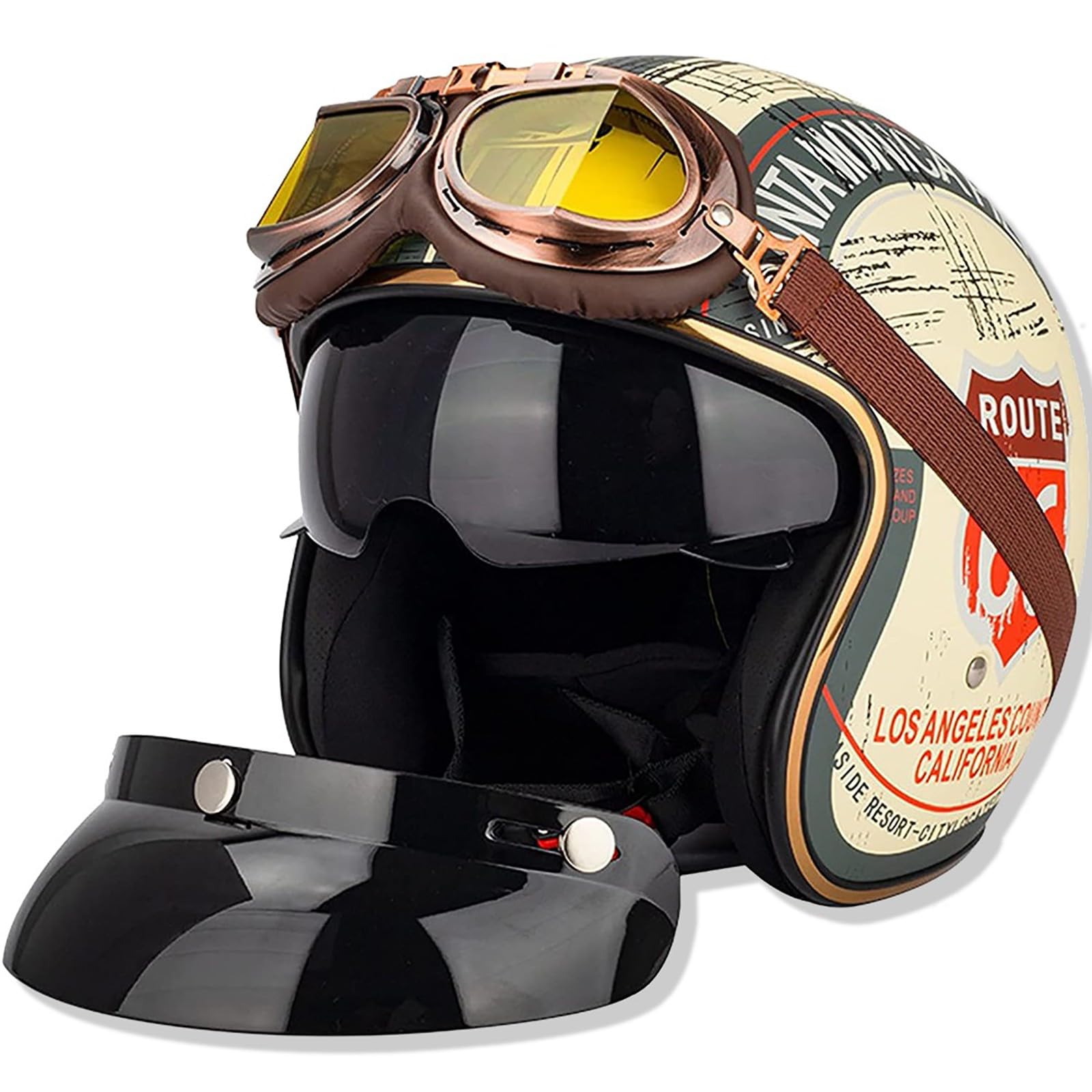Retro-Motorradhelm Mit Offenem Gesicht, ECE-Geprüft, 3/4-Jet-Schutzhelme Mit Schutzbrille Und Sonnenblende Für Unisex-Motorrad-, Fahrrad-, Roller-Halbhelm B,L von ZYMWBDGD