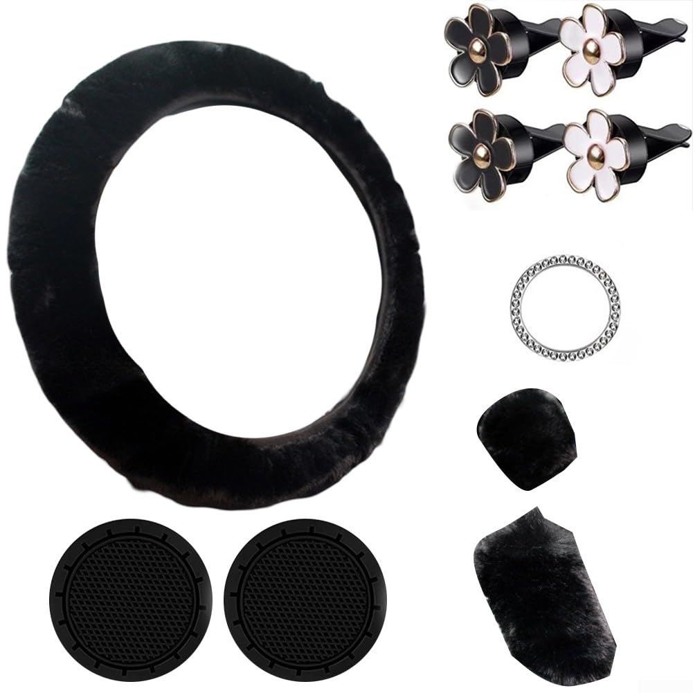 Aesthetic Touch to Your Vehicle Complete Set of 10 Furry Steering Wheel Covers with Cups (Black) von ZYNCUE