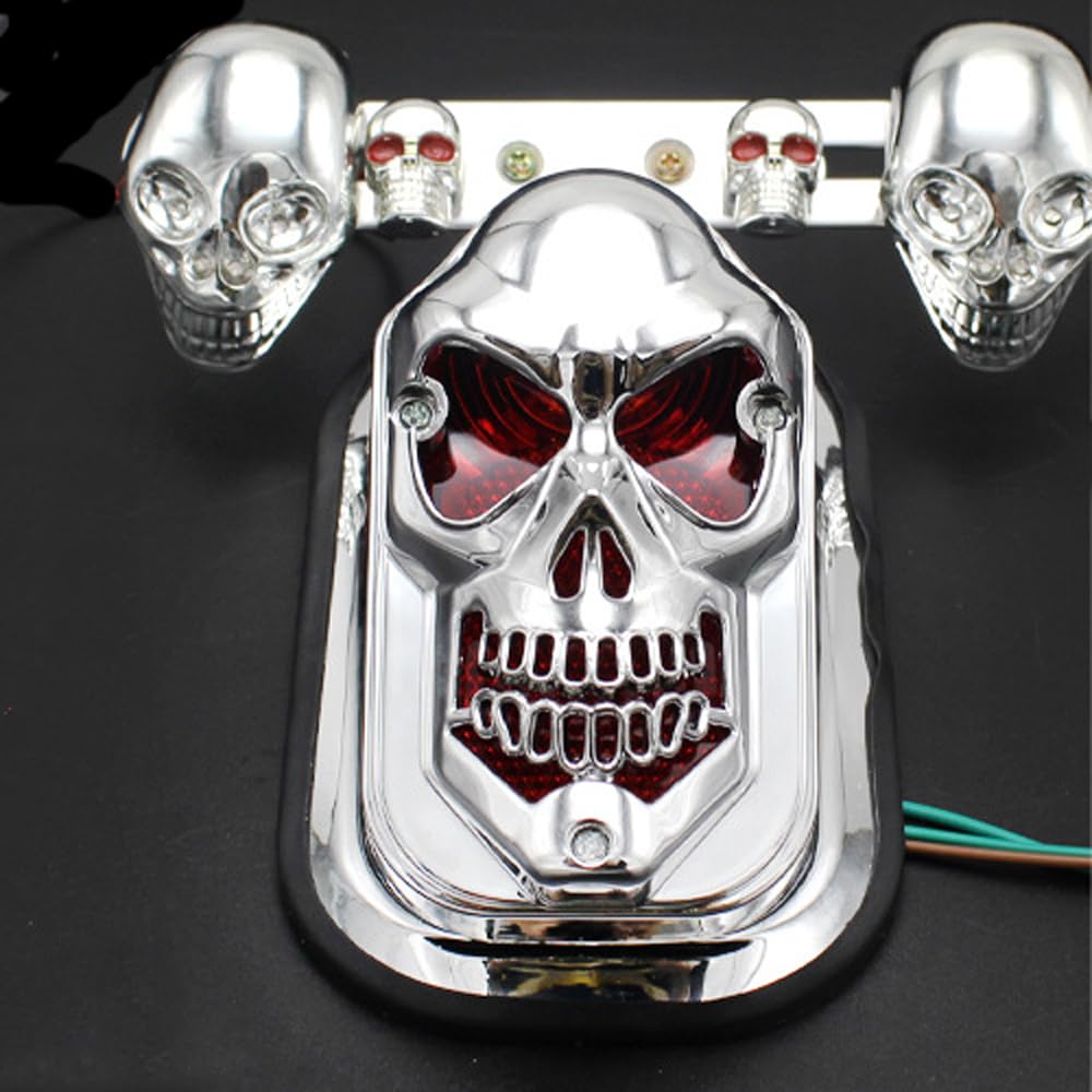 ZYTC Motorcycle Tail Light Electric Vehicle Modified Skull Accessory Steering with LED Lights Turn Signals Lamp Motorcycle License Plate Brake Silver Shell Red and Blue Light von ZYTC