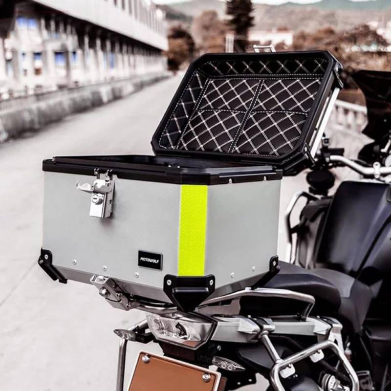 ZYXWLC 36~100L Topcase Motorrad Wasserdicht Universal Motorrad Heckbox Aluminium Helmtasche Aufbewahrungsbox Gepäck, Mit Installieren Platte(Silver,55L) von ZYXWLC