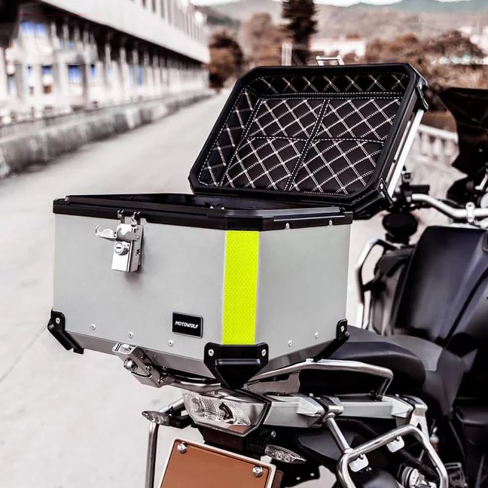ZYXWLC 36~100L Topcase Motorrad Wasserdicht Universal Motorrad Heckbox Aluminium Helmtasche Aufbewahrungsbox Gepäck, Mit Installieren Platte(Silver,80L) von ZYXWLC