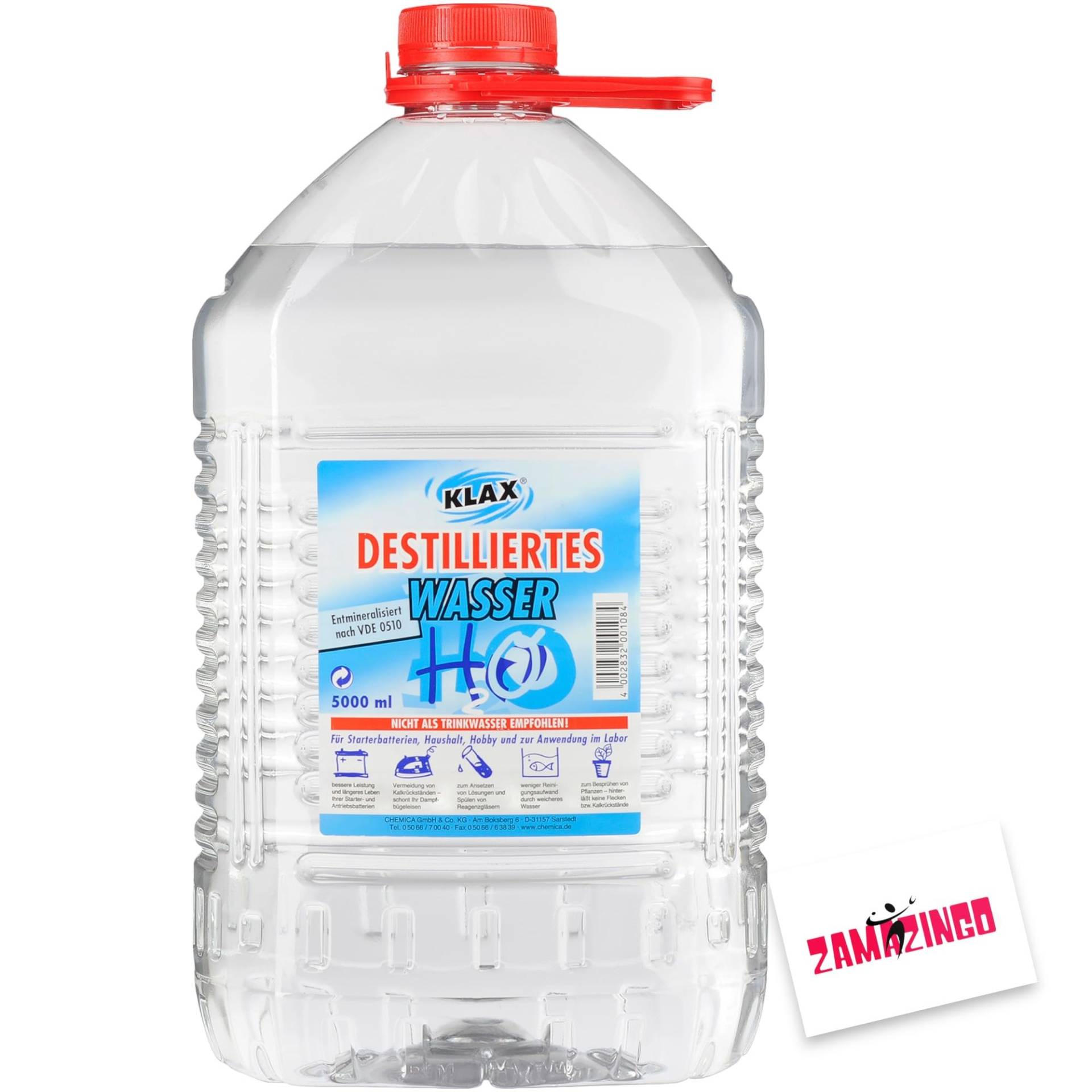 Zama4Zingo Klax Destilliertes Wasser 5 Liter | Entmineralisiert nach VDE 0510 | Für Starterbatterien, Haushalt, Hobby & Anwendung im Labor Karte von Zama4Zingo