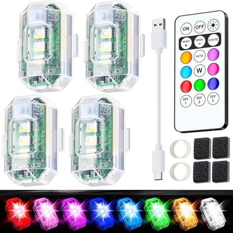 ZeiLaBang Kakadi 4 Stück Drahtloses Auto LED-Blitzlichter Akku mit Fernbedienung,Kabellose Led lichter Auto,Auto Fernbedienung Blitzlicht,USB Charging Blitzlichter Drone Night Light für Auto von ZeiLaBang Kakadi