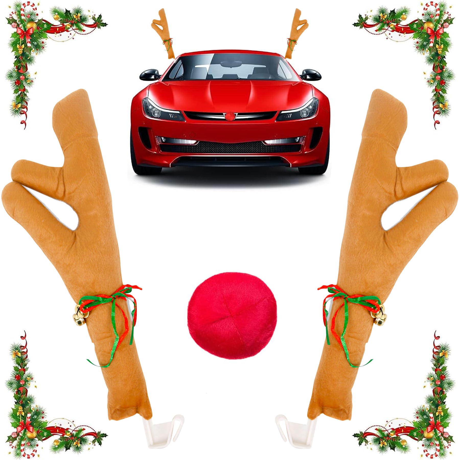 ZeiLaBang Kakadi Auto Rentier Kostüm Weihnachtsdeko Weihnachten Auto Rentier Geweih Weihnachtsdekor Auto Rentiergeweihe Auto Deko Weihnachten Weihnachtsschmuck Auto mit Rote Nase von ZeiLaBang Kakadi