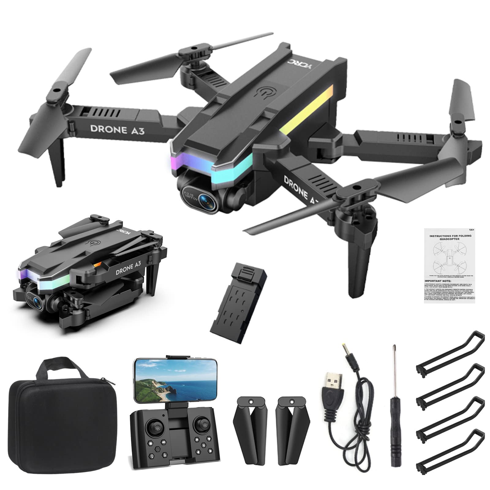 Drohne mit Kamera 1080p hd, 4K HD FPV Video faltbare Drone, RC Quadcopter mit Höhenhaltung und Headless Modus für Anfänger, 3D Flip, Höhenhaltung,Schwerkraft Sensor Drohne (04schwarz A3) von Zeiayuas