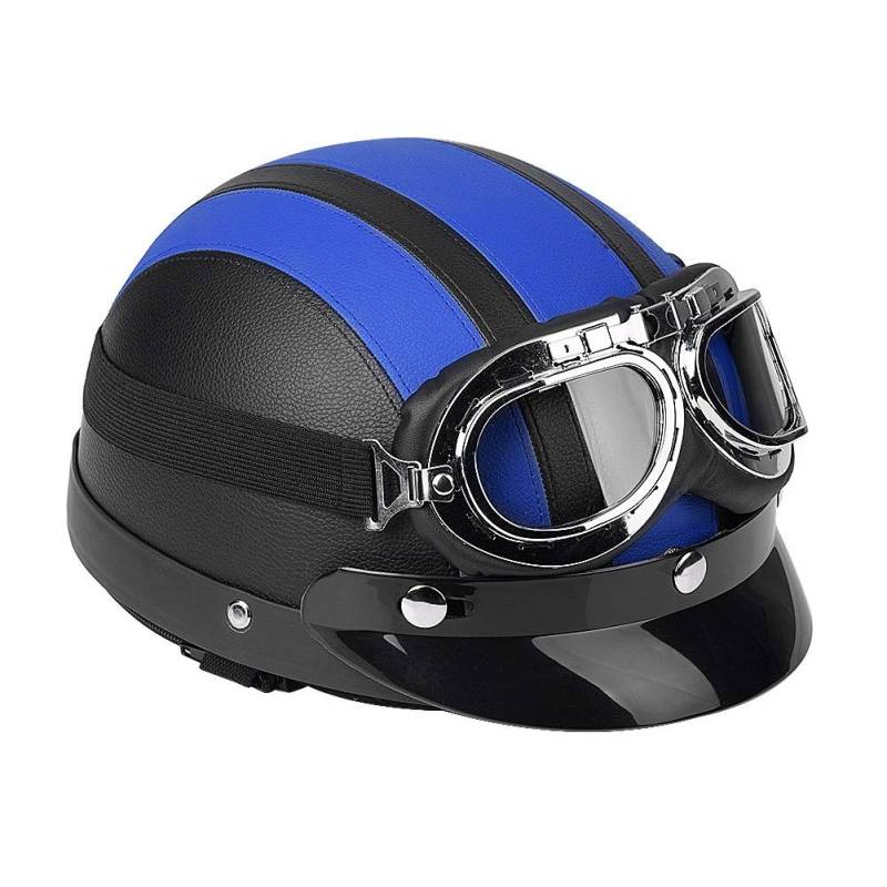 Motorcycle Helmet, Universal-Motorrad-Roller aus Kunstleder mit offenem Gesicht, halber Helm und Visier -Brille Blau von Zerone