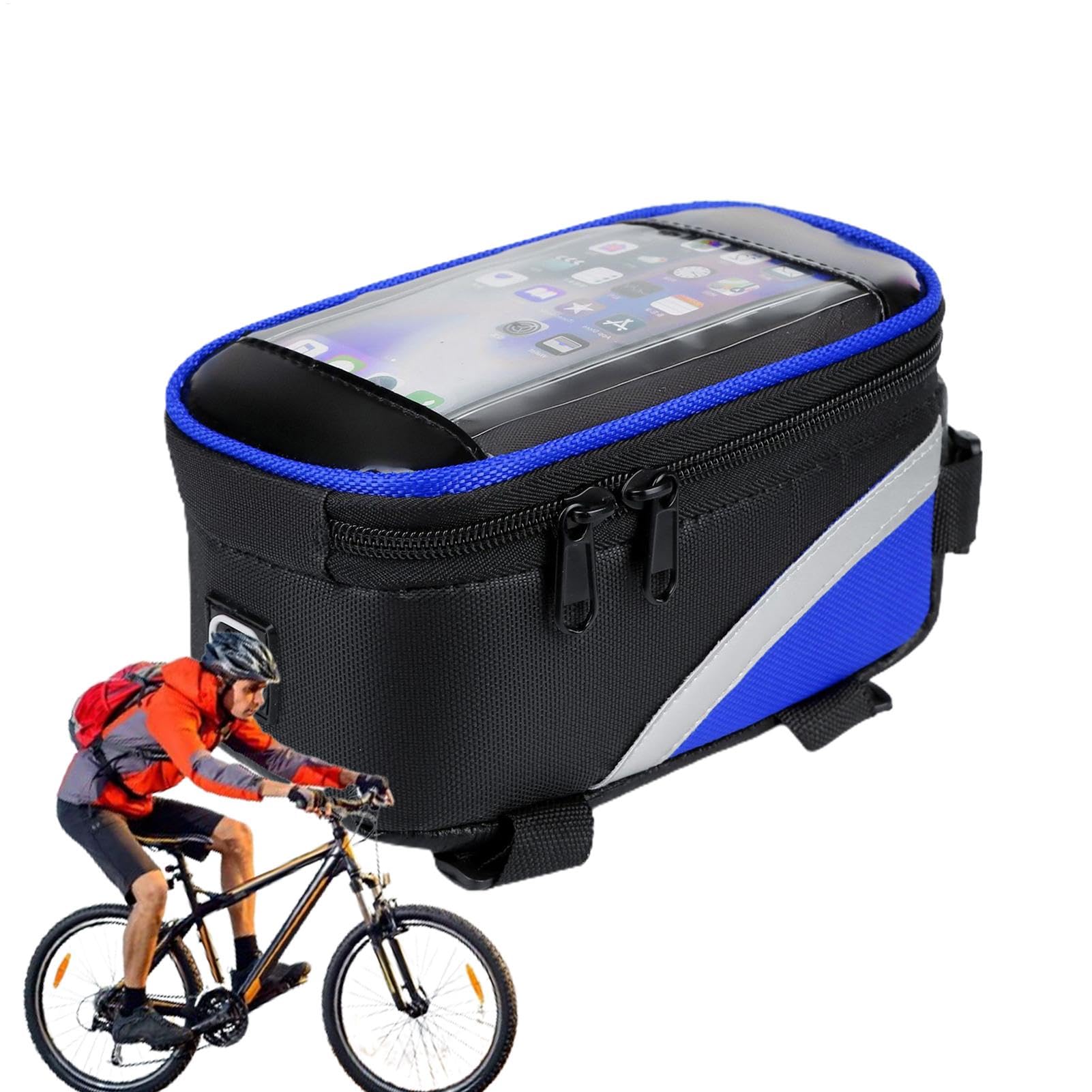 Wasserdichte Fahrrad-Rahmentasche – Rahmentasche, Handyhalterung zum Radfahren, Doppelreißverschluss, Fahrradzubehör, reflektierender Vorderrahmen, Schlauchtasche für Handy, Bargeld, Fahrräder, Tasche von Zestivra