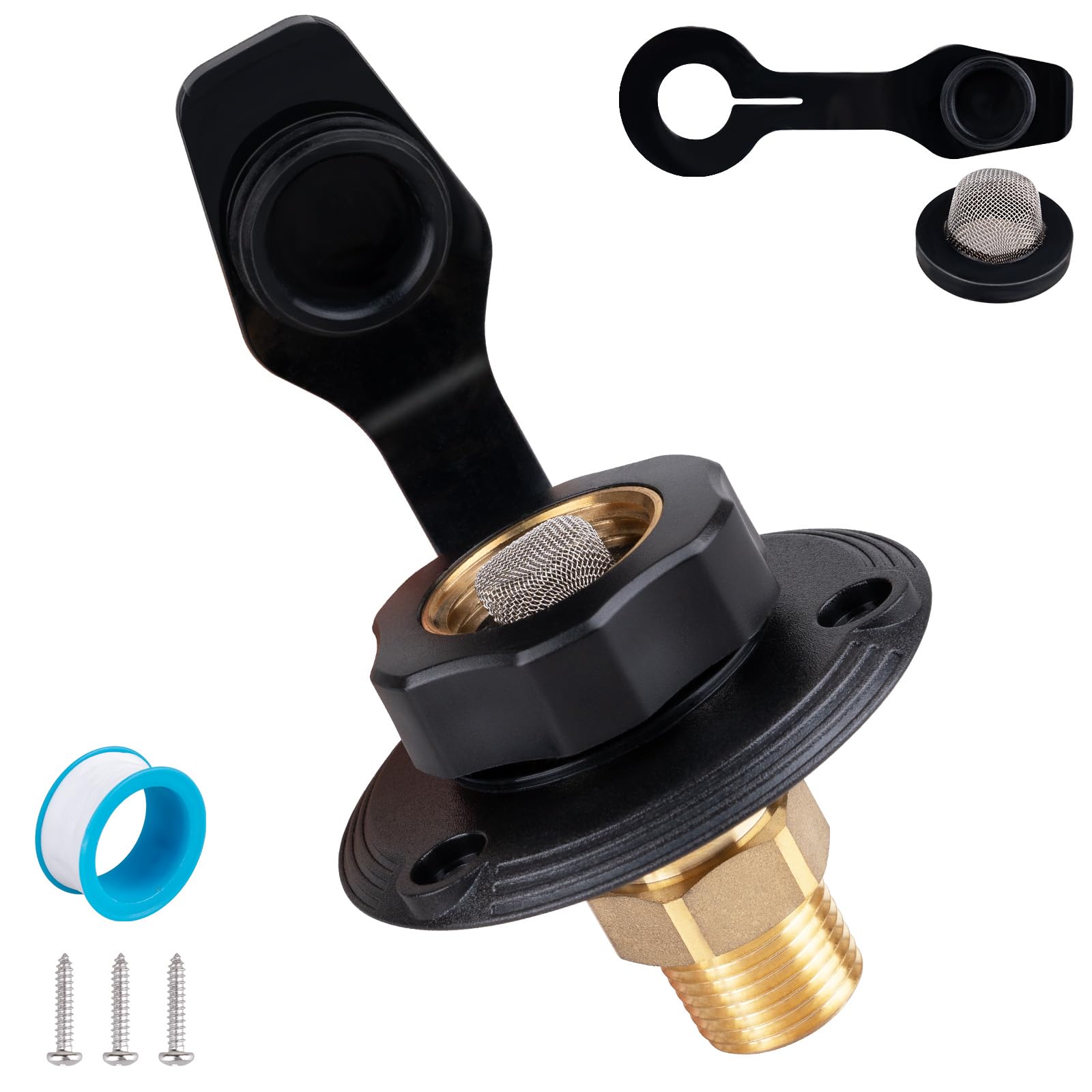 Zezcped RV Wassereinlass, RV City Einlass mit Rückschlagstecker, RV Wasserschlauchanschluss mit Abdeckung, 3/4 NH Buchse auf 1/2 NPT Stecker, geeignet für Wohnmobil Anhänger Marine (Schwarz) von Zezcped