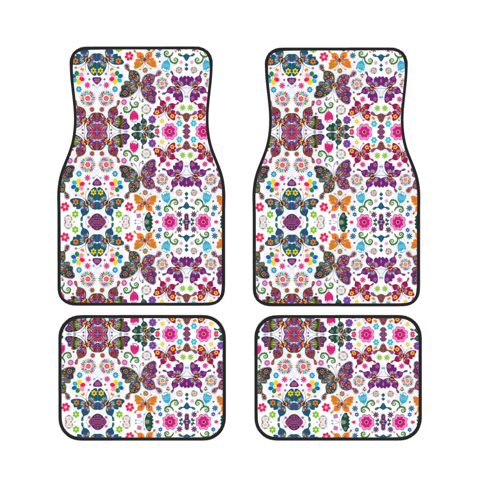 Universal 4-teiliges Set Auto Fußmatten - Gummirückseite, Frühling Floral Schmetterling Volldruck Design für die meisten Autos, SUVs und Vans von ZhanGM