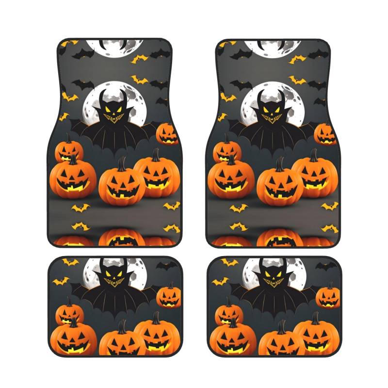 Universal 4-teiliges Set Auto Fußmatten - Gummirückseite, Halloween Mond Fledermaus Kürbis Volldruck Design für die meisten Autos, SUVs und Vans von ZhanGM