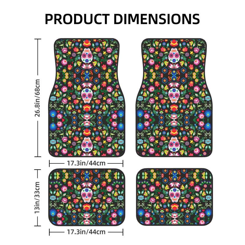 Universal 4-teiliges Set Auto Fußmatten - Gummirückseite, Sugar Horror Skull und Blumen Volldruck Design für die meisten Autos, SUVs und Vans von ZhanGM