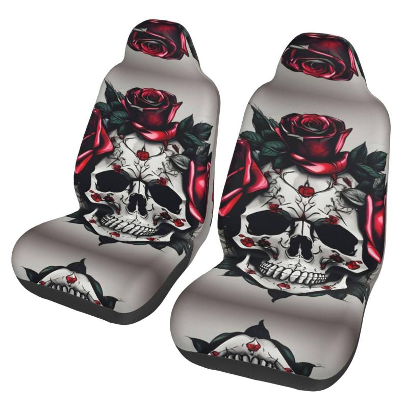 ZhanMg Red Rose Skull Universal Autositzbezüge - Vordersitzschoner - Passend für PKW, SUV, Limousine, LKW - Abnehmbar, Atmungsaktiv von ZhanMg