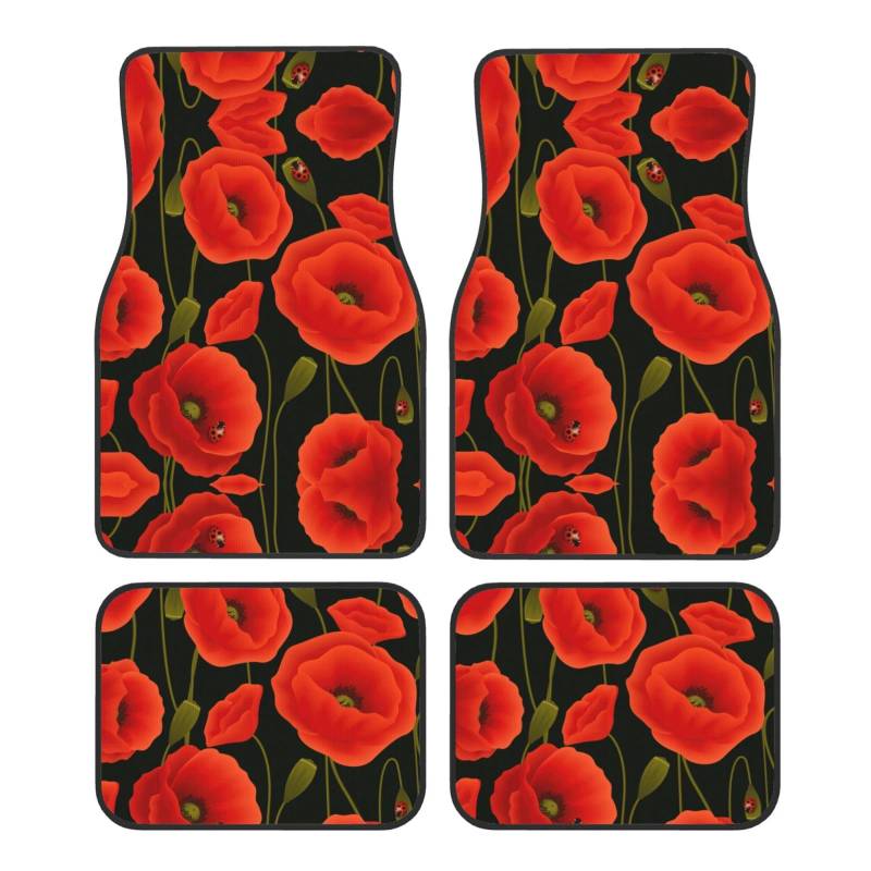 ZhanMg poppy flowers Universal Auto Fußmatten vorne und hinten 4-teiliges Set - Gummi-Rückseite Zubehör für LKW, Limousine, SUV, Schwarz von ZhanMg