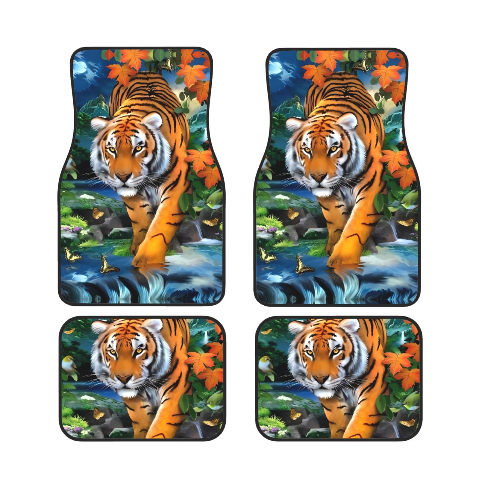 ZhaoYuGoods Tiger Schmetterling Vogeldruck 4-teiliges Fußmatten-Set, wasserdichte Automatten, vorne und hinten, Autoteppiche für Universalfahrzeuge von ZhaoYuGoods