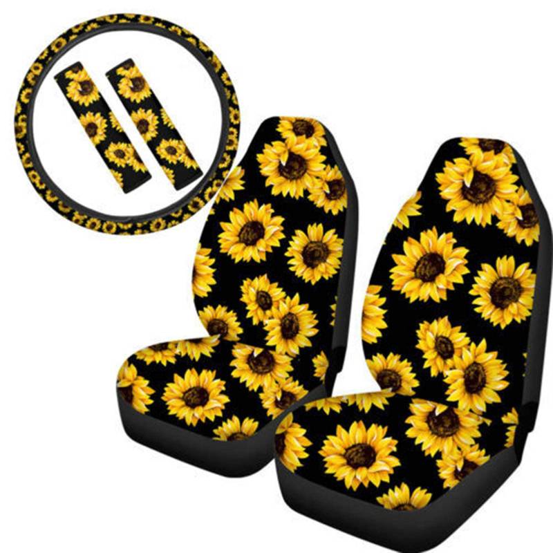 Sunflower Sitzbezüge Auto Lenkradbezug Lenkradschoner Sonnenblumen Lenkradabdeckung Auto Lenkradschutz Lenkradhülle Schulterpolster Sonnenblumen autositzbezug universal,5-teiliges Set von Zhuodingsen