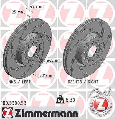 Zimmermann Bremsscheibe [Hersteller-Nr. 100.3300.53] für Audi, Seat, Skoda, VW von Zimmermann