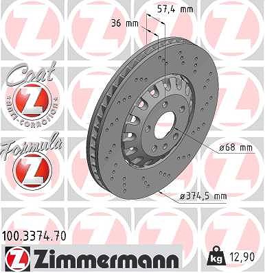 Zimmermann 1x Bremsscheibe [Hersteller-Nr. 100.3374.70] für Audi, VW von Zimmermann