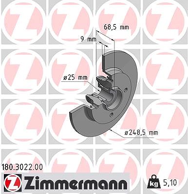 Zimmermann 1x Bremsscheibe voll mit Radlager und ABS-Ring hinten [Hersteller-Nr. 180.3022.00] für Citroën, Peugeot von Zimmermann